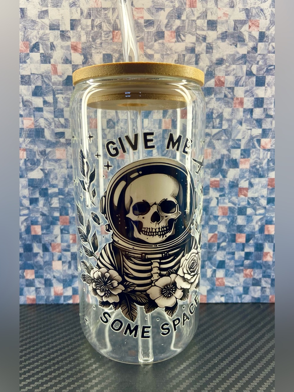 Clear Glass Tumbler with Black Astronaut Skull Graphic and Bamboo Lid